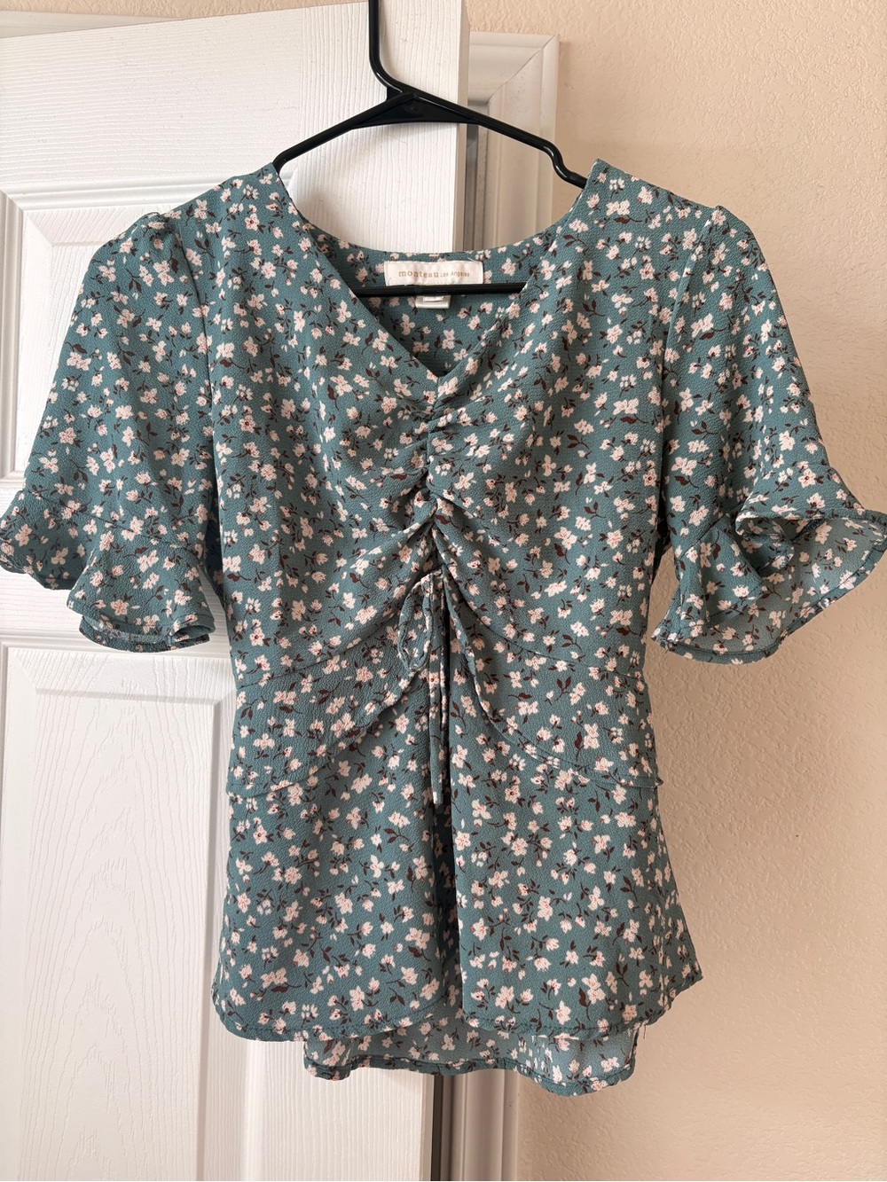 Monteau Teal Floral Drawstring Front Blouse